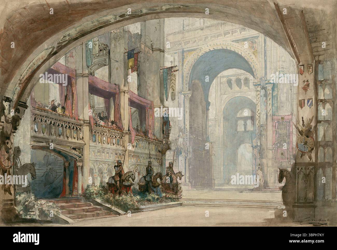 Scenografia di Charles-Antoine Cambon per il terzo atto, scena 3 di Robert Bruce, opera di Gioachino Rossini. Creata per la prima del 1846, la scena rivela i bastioni del Castello di Stirling attraverso una drammatica apertura del sipario. Rendering a matita, penna, acquerello, gouache e inchiostro. Foto Stock