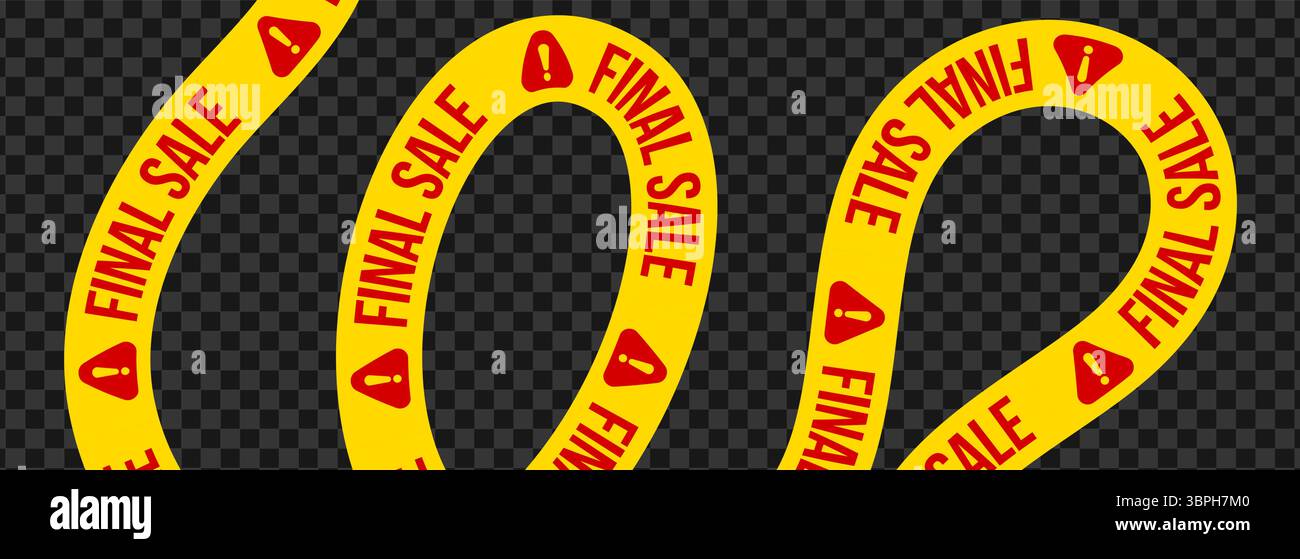 Nastro di avviso giallo, testo rosso in grassetto, nastro di vendita finale per area promozionale urgente, area trattative retail, striscia di cassa marketing, design di avviso dinamico. Vettore Illustrazione Vettoriale