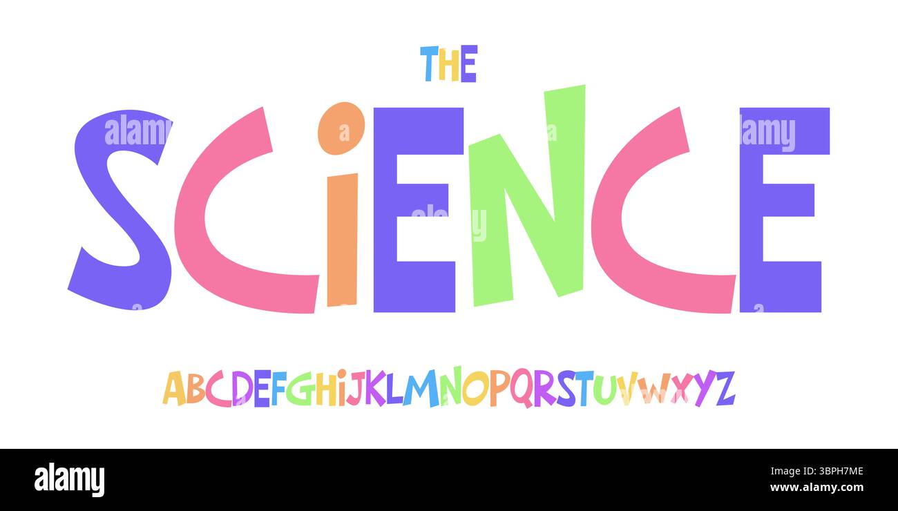 Carattere didattico Kid Science, alfabeto colorato STEM per titoli scientifici, divertente gioco scientifico e design tipografico del libro delle lezioni. Vettore moderno Illustrazione Vettoriale
