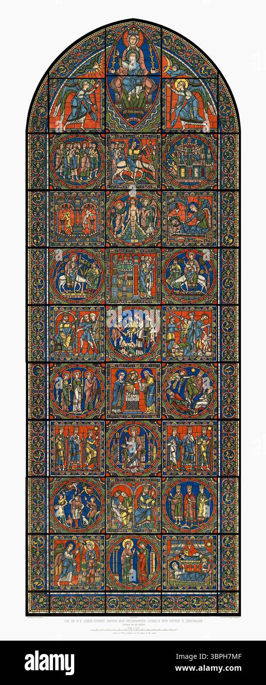 Vetrate colorate dalla Cattedrale di Chartres raffiguranti la vita di Gesù Cristo, dalla sua incarnazione al suo ingresso a Gerusalemme. Cromo litografico pubblicato nel 1867 a Parigi dall'Imprimerie impériale. La finestra completa si estende per oltre 10 metri di altezza ed è stata restaurata digitalmente da cinque fogli. Foto Stock