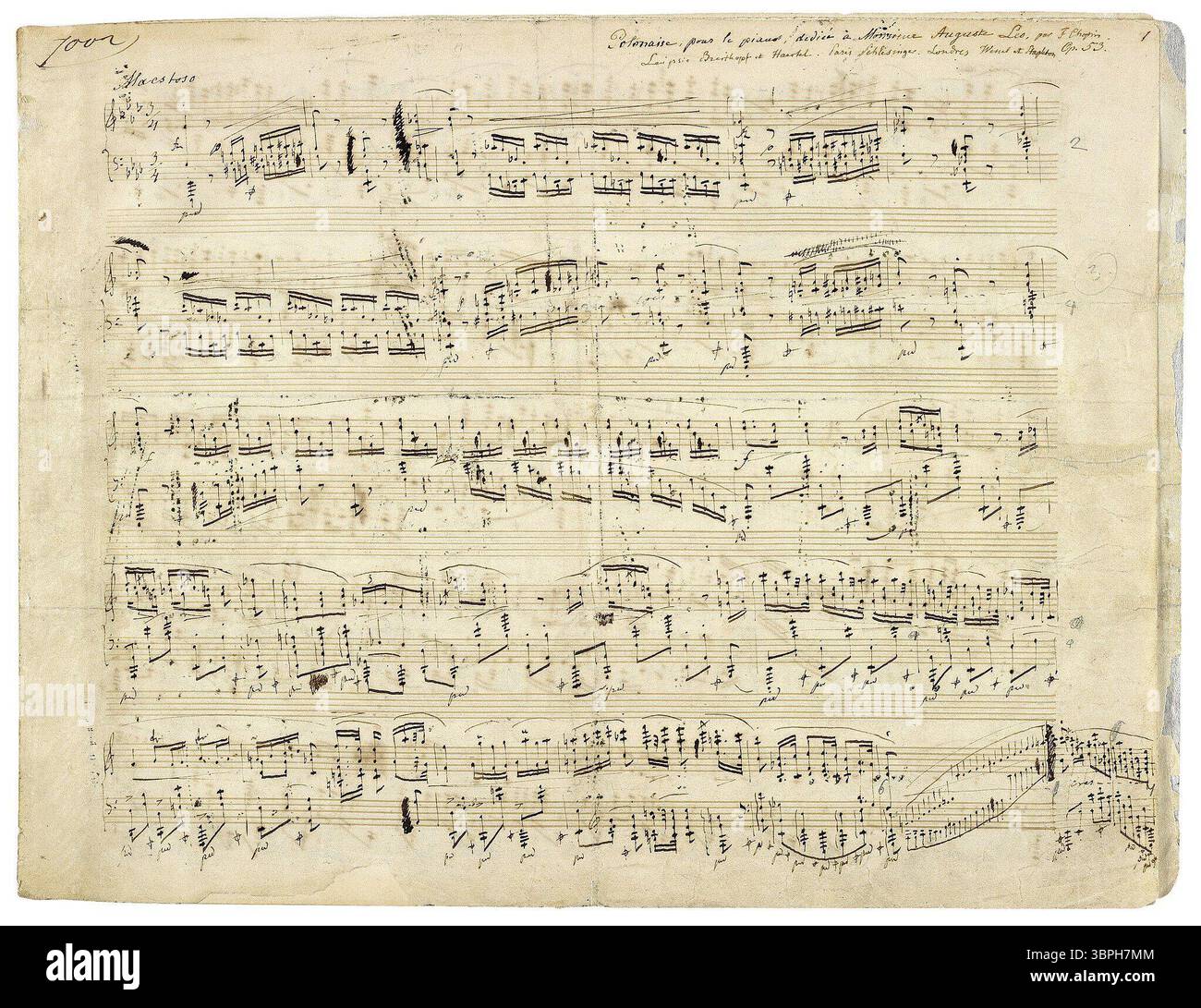 Manoscritto originale della Polonaise in A-flat major di Frédéric Chopin, Op. 53, composta nel 1842. Questa partitura autografata mostra la composizione virtuosa del pianoforte, nota anche come polonaise "eroica". Foto Stock