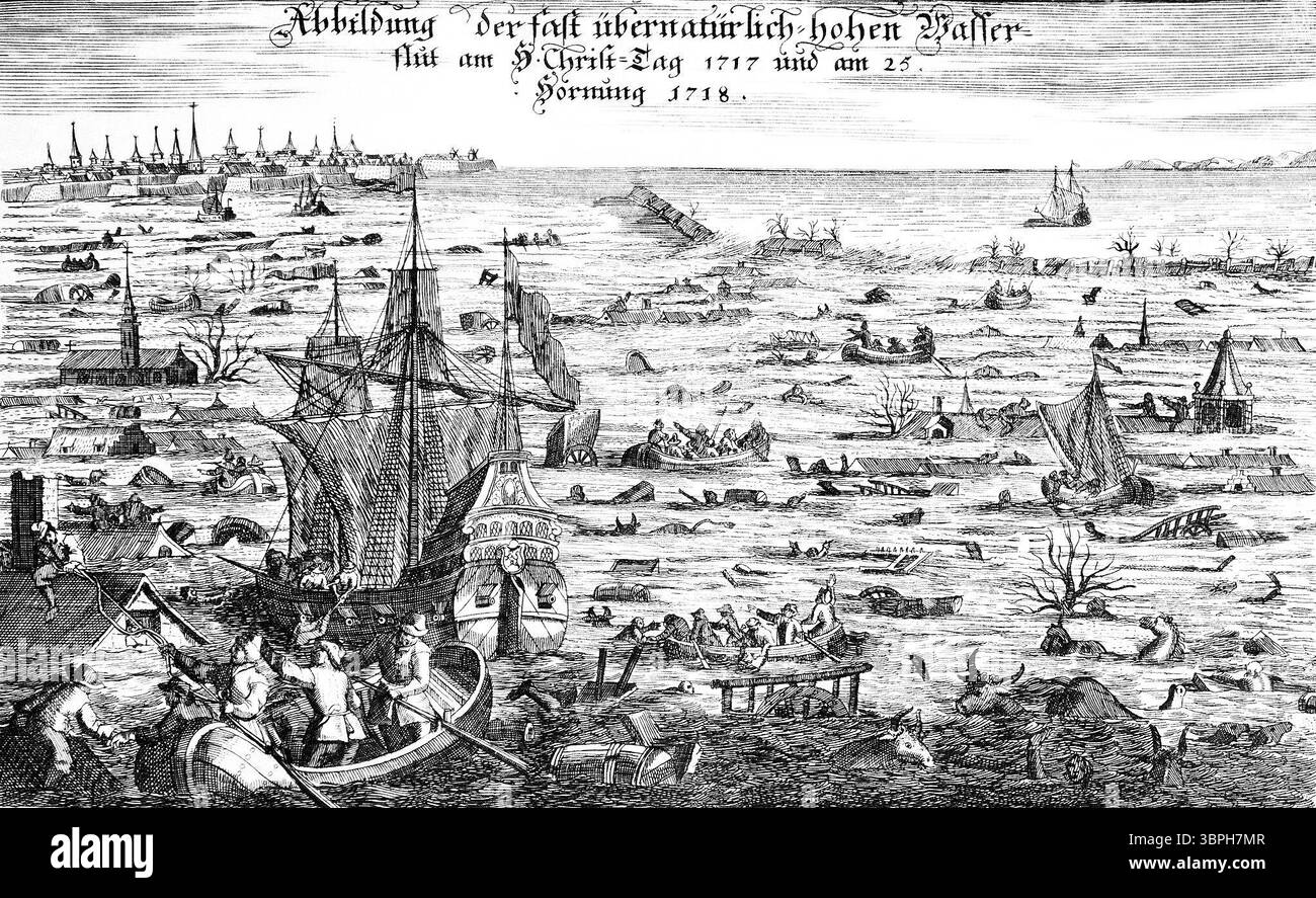 Incisione storica raffigurante la devastazione dell'alluvione natalizia del 1717, che colpì le regioni costiere dei Paesi Bassi, della Germania e della Scandinavia. L'ondata di tempesta nella notte di Natale ha causato circa 14.000 vittime. Foto Stock