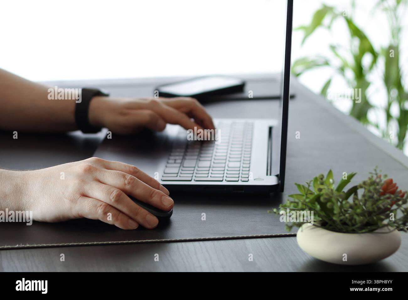 Primo piano della digitazione manuale sulla tastiera del notebook in Modern Workspace Foto Stock