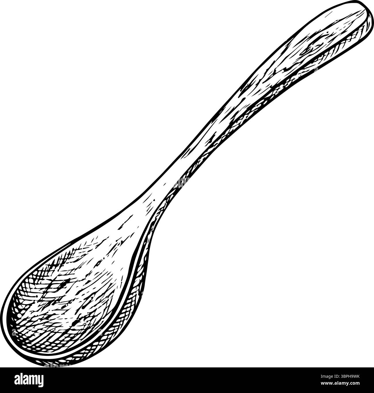 Cucchiaio di legno. Illustrazione in bianco e nero, grafica vettoriale. Elemento di design per menu, ricette e libri di cucina. Per striscioni, volantini, imballaggi ed etichette Illustrazione Vettoriale