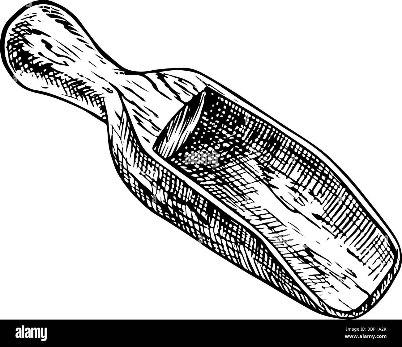 Spatola in legno per cereali e prodotti secchi. Illustrazione vettoriale in bianco e nero su sfondo bianco. Elemento di design per menu, ricette, e. Illustrazione Vettoriale