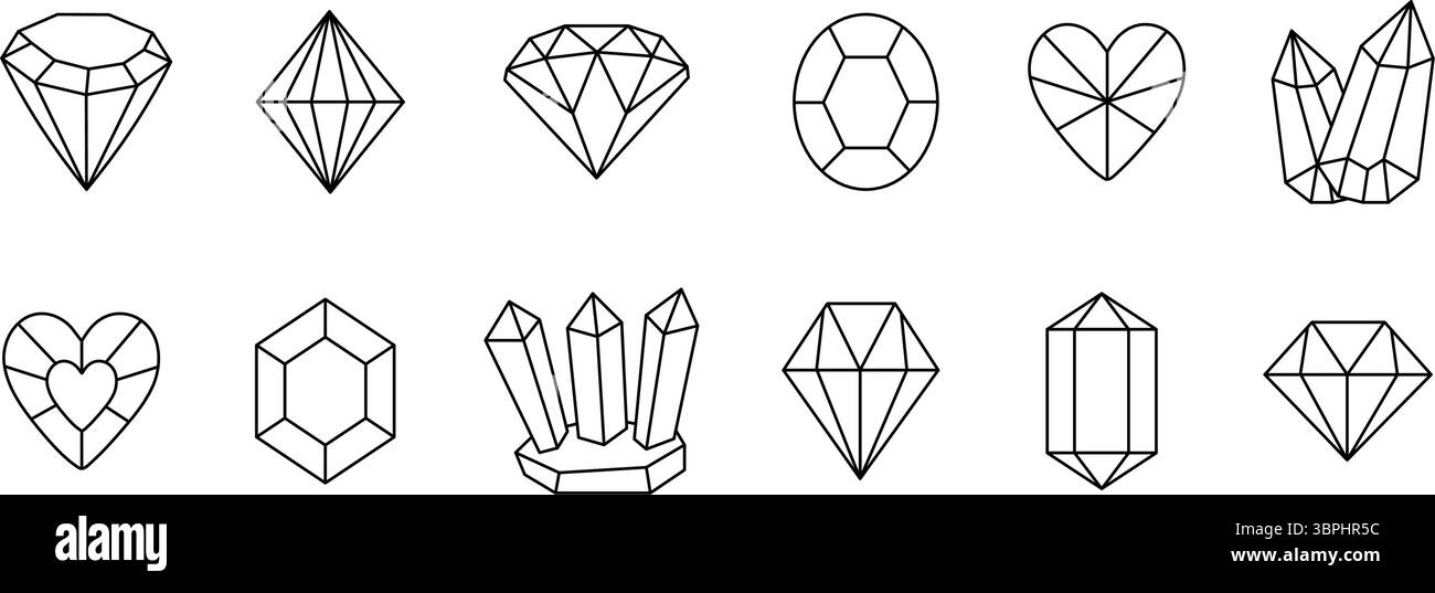 Pietre preziose e cristalli di varie forme, set di icone della linea nera vettoriale, tratto modificabile. Collezione di gioielli in bianco e nero, diamanti e facete Illustrazione Vettoriale