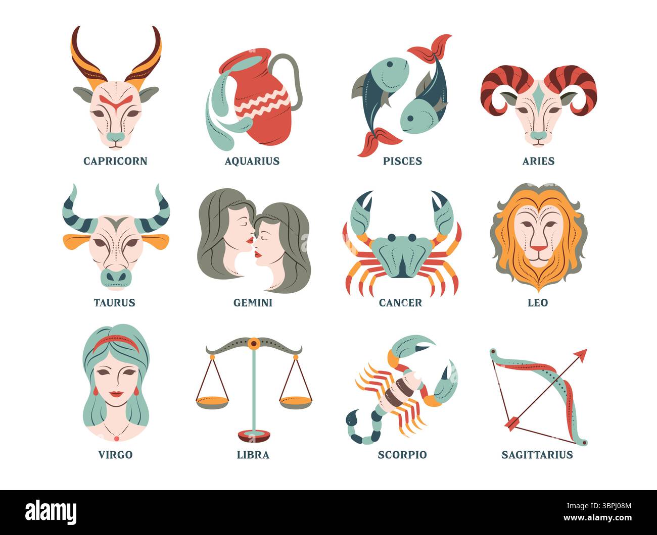 Segni zodiacali che disegnano il set di clipart dell'oroscopio. Clip art per simboli zodiacali astrologici con vettoriale di raccolta di pittogrammi astratti del mese di nascita Illustrazione Vettoriale