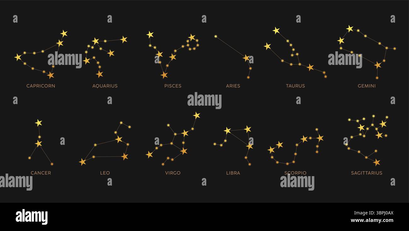 Segni zodiacali costellazioni dorate Clipart Set. Collezione di stelle astrologiche dorate e brillanti della costellazione clip art simbolo dell'oroscopo in nero Illustrazione Vettoriale