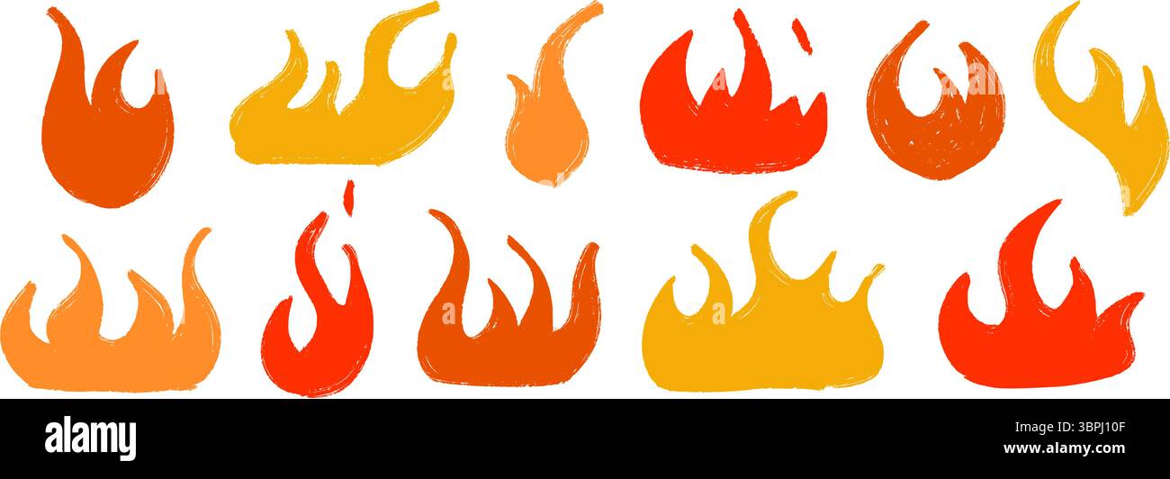 Set colorato disegnato a mano. Collezione di fiamma incendiata per schizzi di pastelli. Confezione di elementi grunge rossi e gialli con gesso. Pacchetto di doodle a matita pastello per collage, adesivi, poster, striscioni. Illustrazione vettoriale Illustrazione Vettoriale