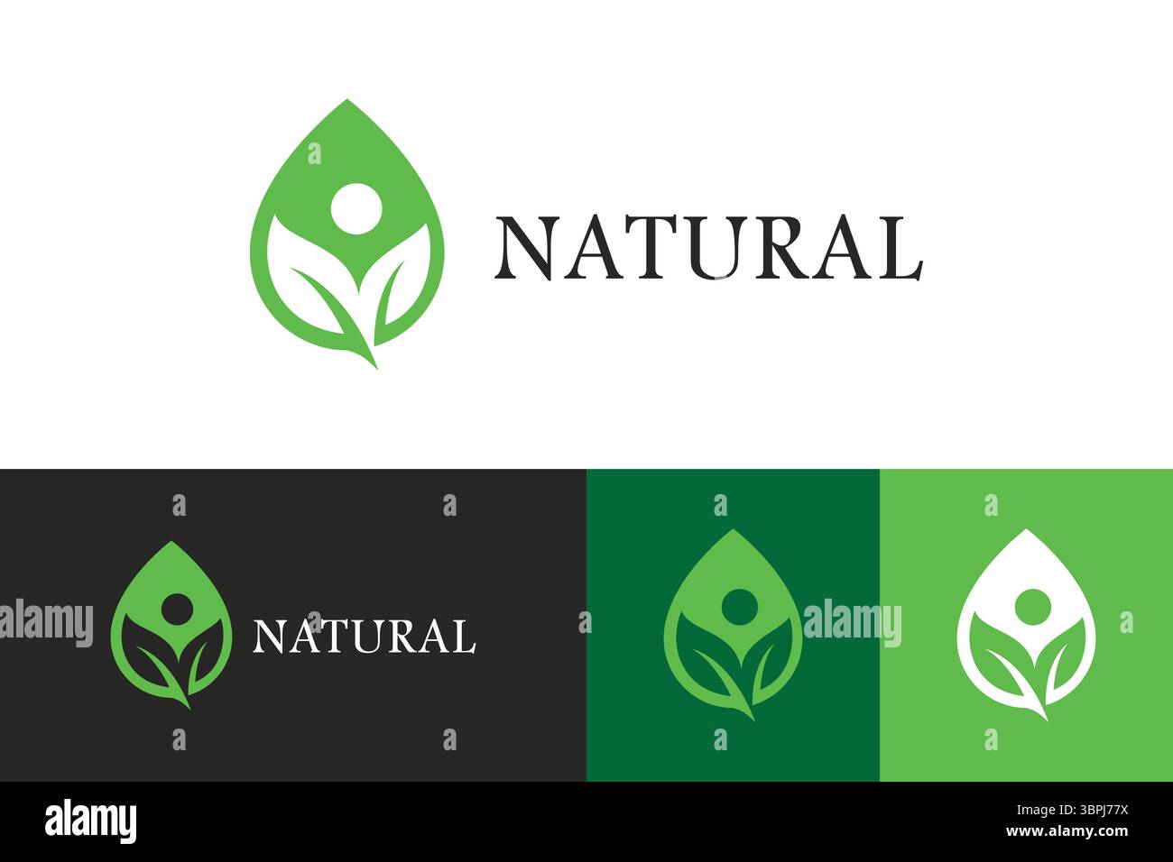 La foglia verde naturale e l'acqua goccia forma logo salute bellezza ambiente benessere Illustrazione Vettoriale