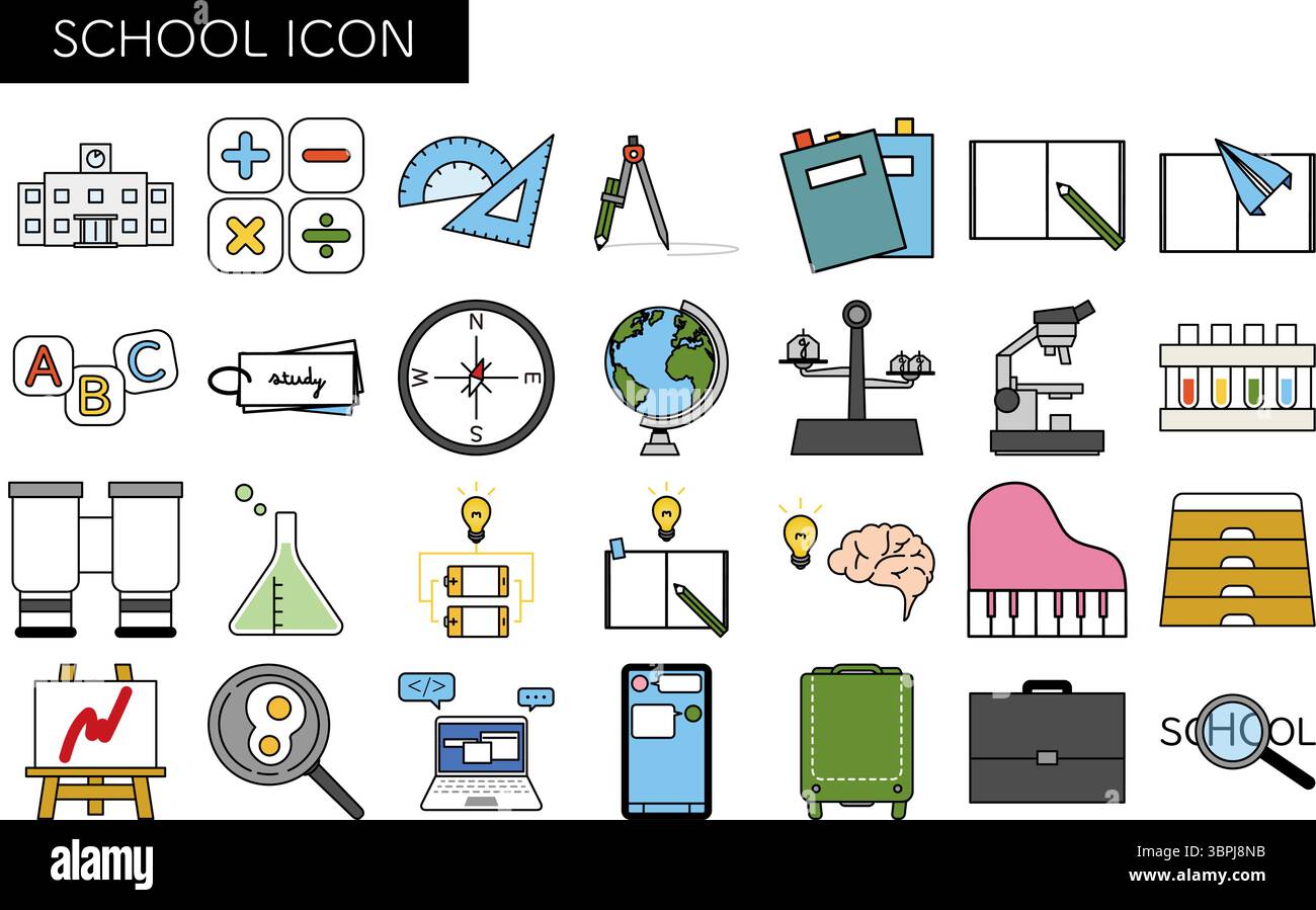 Serie di icone di disegno lineare semplice di scuola e studio, illustrazione vettoriale Illustrazione Vettoriale