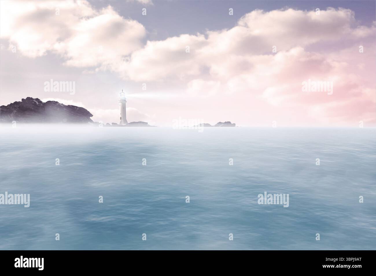 Design piatto che mostra un faro luminoso in piedi su isolotto roccioso sotto nuvole pastello sopra l'oceano calmo Foto Stock