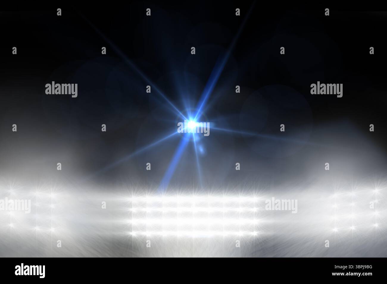 Il luminoso spot bianco-blu crea riflessi di lente nel rendering 3D con nebbia, proiettori e spazio di copia Foto Stock