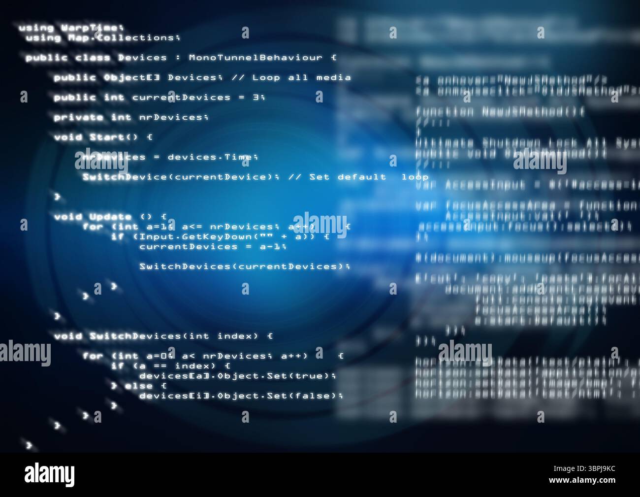 Visualizzazione del codice di programmazione in stile piatto sulla finestra dell'editor gradiente blu con HUD circolare luminoso Foto Stock