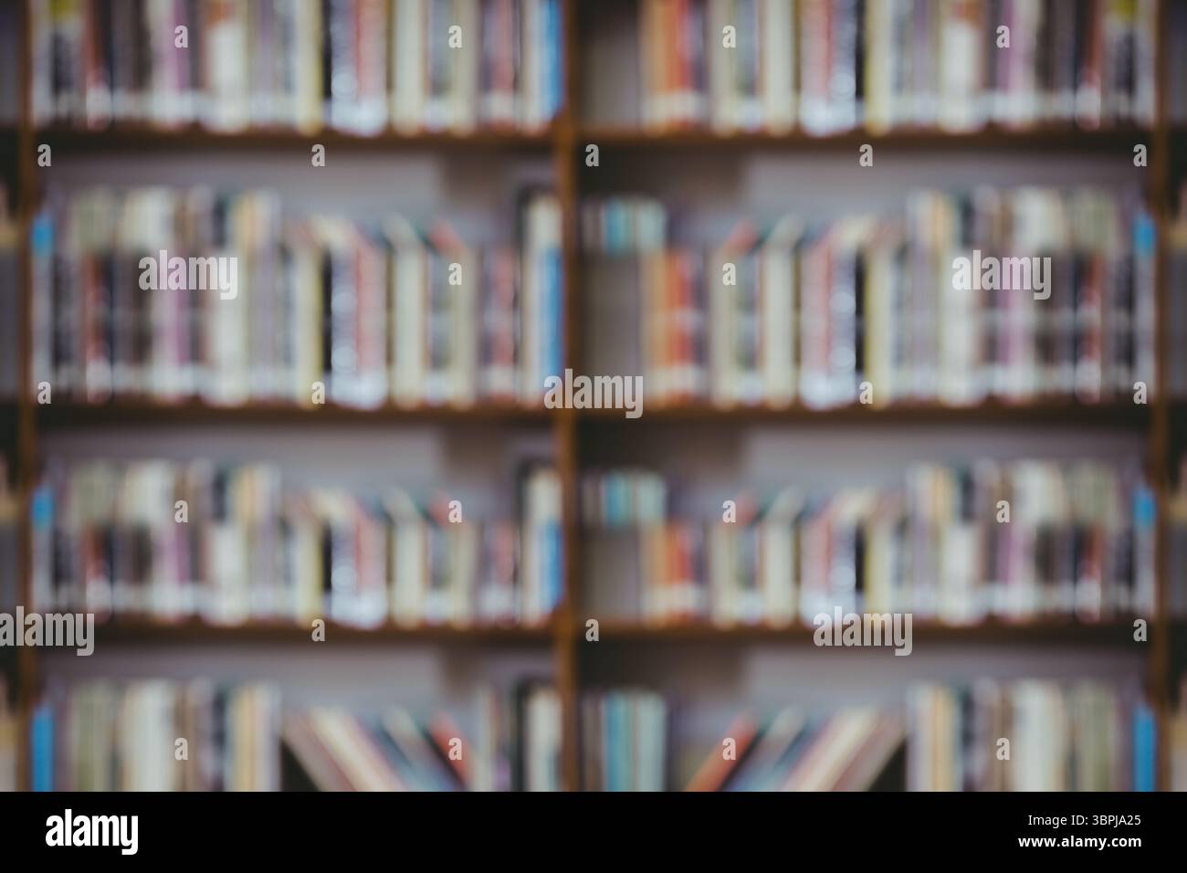 La libreria in legno sfocato viene mostrata in una libreria di design piatto, con file di colonne colorate Foto Stock
