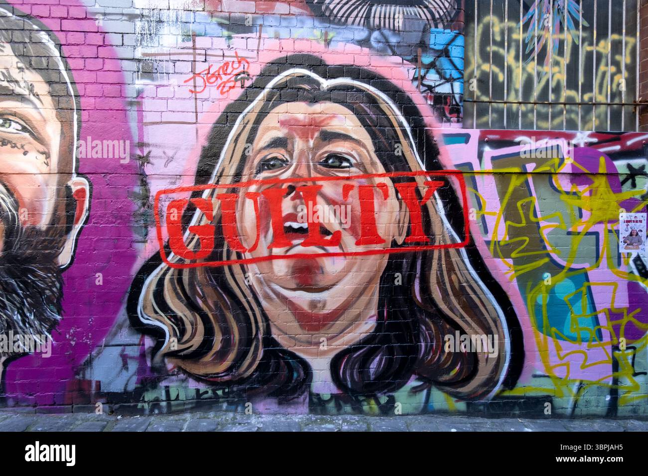 Un murale di graffiti di Erin Patterson, l'assassino dei funghi, con la parola colpevole dipinta sul viso. Melbourne, Victoria, Australia. Foto Stock