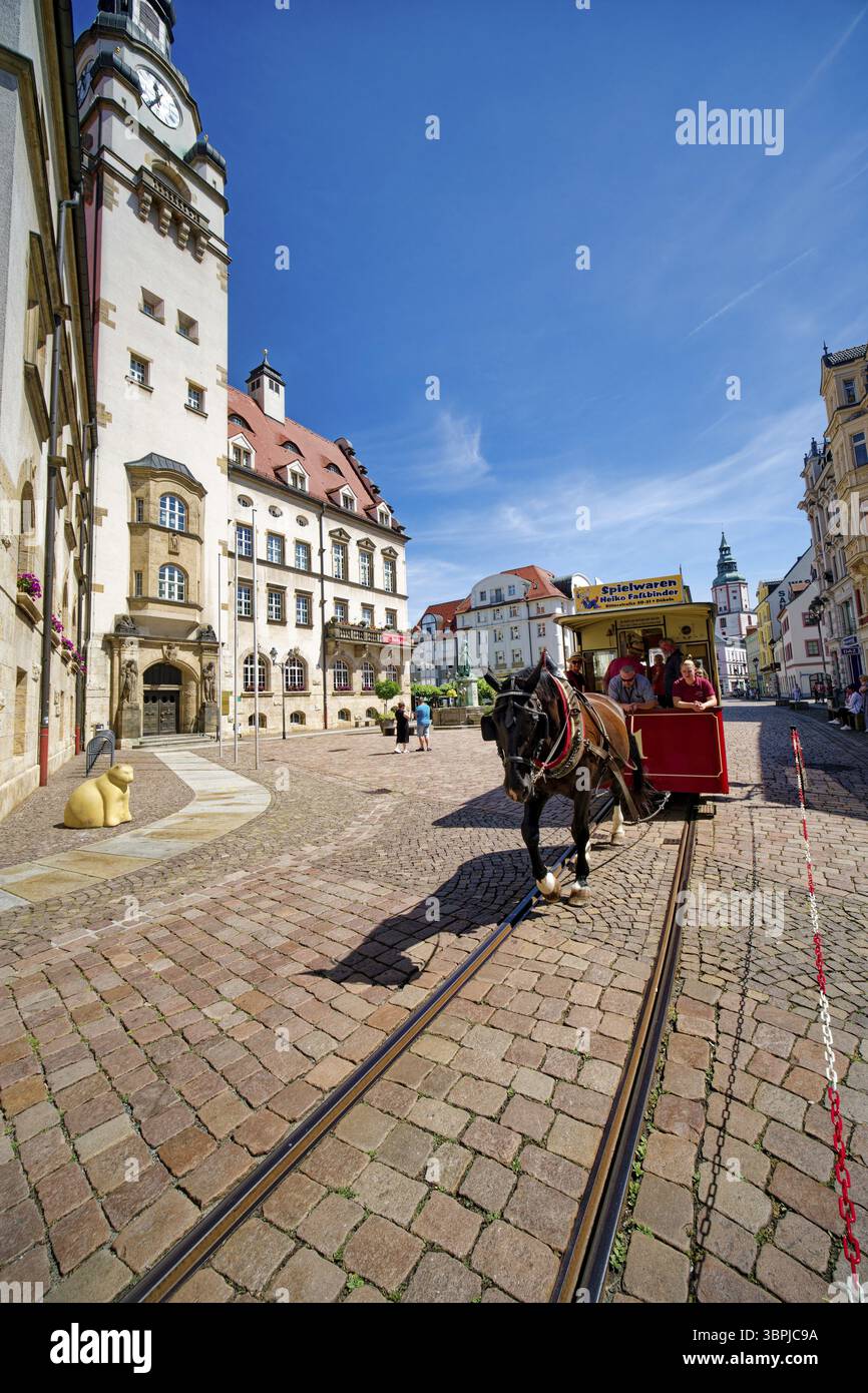 Tram Doebeln, storico tram trainato da cavalli al mercato superiore di Doebeln, trasporto ferroviario, trasporto pubblico locale, tradizione, associazione tradizionale, museo Foto Stock