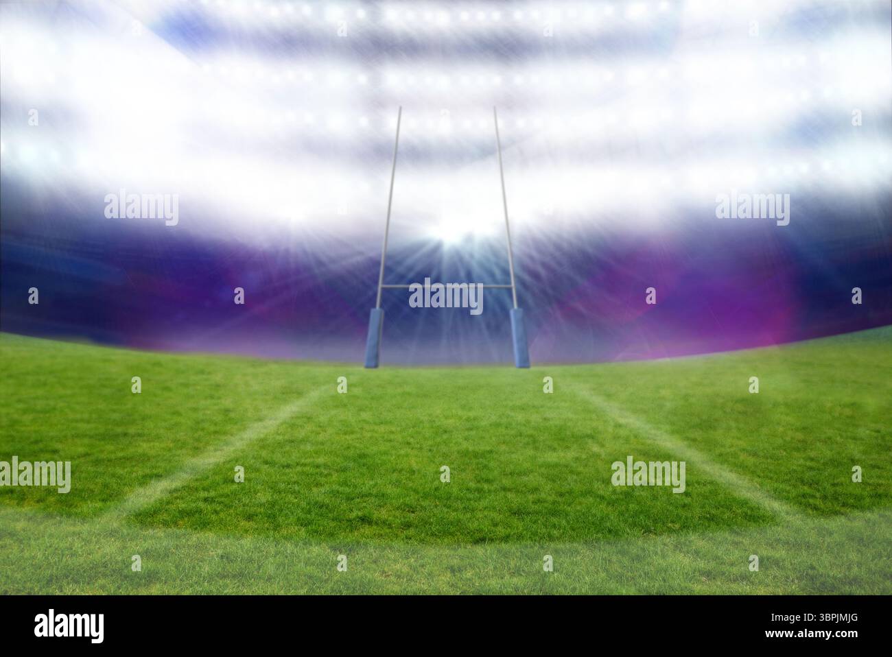 Il palo per obbiettivi a forma di H vettoriale piatto è in piedi sul prato, linee bianche sotto le luci dello stadio, spazio di copia Foto Stock