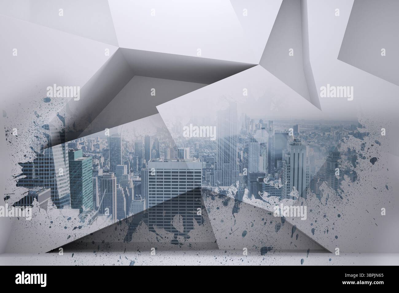 Mostra lo skyline metropolitano che emerge attraverso pannelli geometrici bianchi 3D con spruzzi di vernice Foto Stock