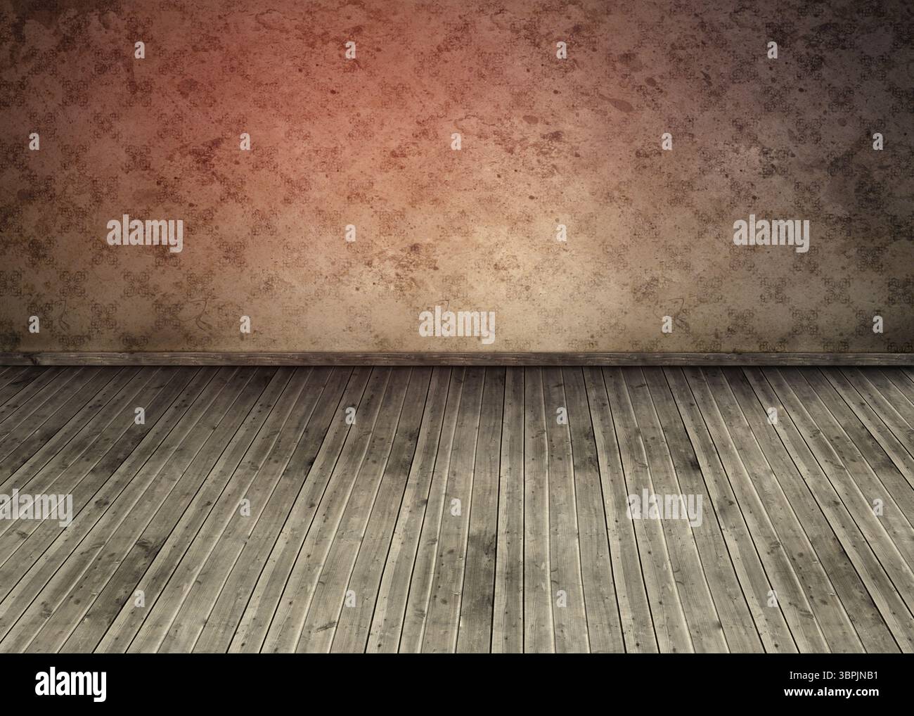 Gli interni delle camere dal design piatto presentano pavimento in legno angosciato e motivi vintage della carta da parati Foto Stock