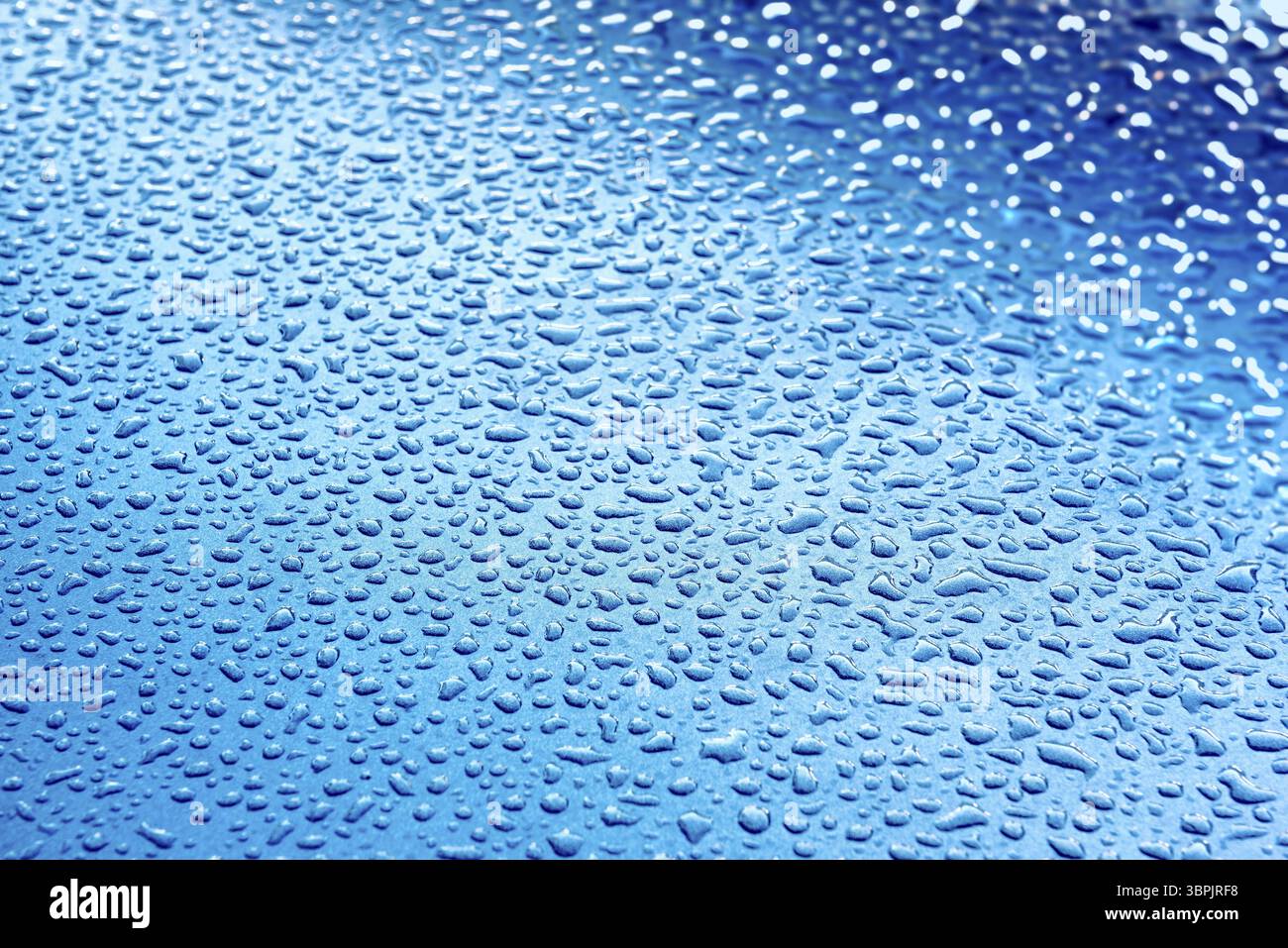 Gocce d'acqua su una superficie grigio-blu con lieve nitidezza e sfumatura di colore e un leggero bokeh sul bordo destro Foto Stock