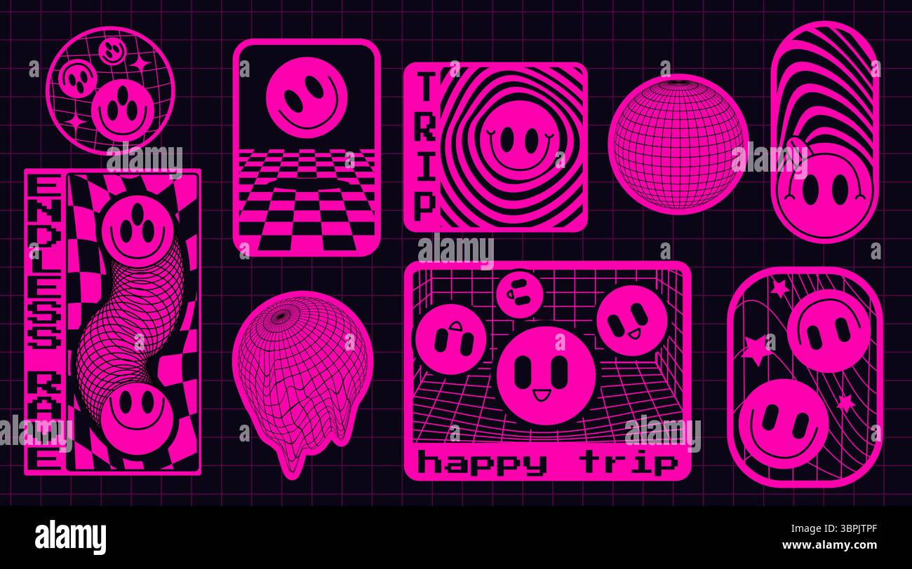Confezione di adesivi rosa caldo rave con volti sorridenti: Design circolare a globo, tessera a scacchi, badge a vortice trippy, gocce di lacrime in mesh intrecciata, scatola Happy trip con emoticon per feste e eventi techno. Illustrazione Vettoriale