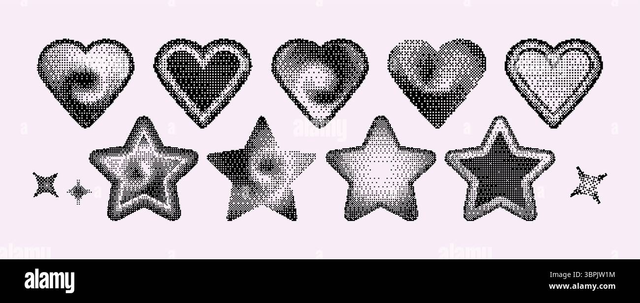 Cuori e stelle pixel art con effetti gradiente mezzitoni composti da punti neri. Collezione di grafica di gioco retrò con varie texture di punti sparsi per elementi di design digitale vintage y2k. Illustrazione Vettoriale