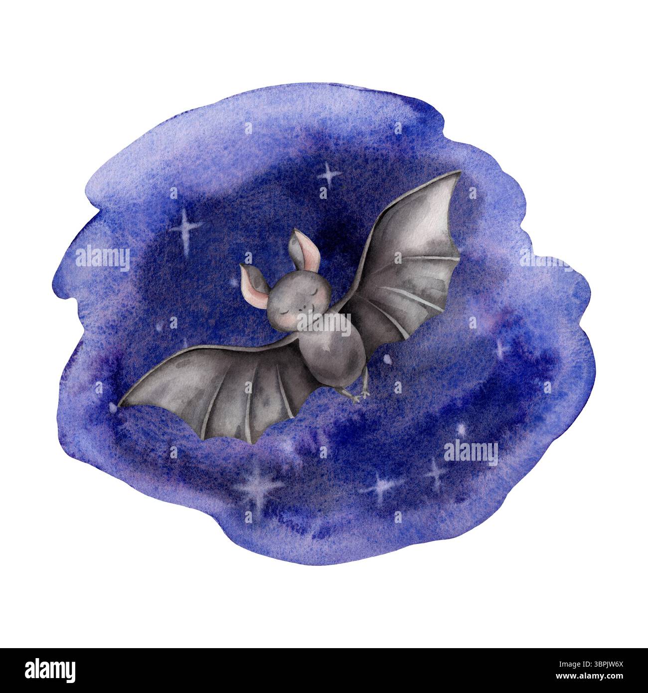 Pezzo di acquerello di cielo notturno blu viola con stelle bianche con simpatico pistrello nero. Illustrazione disegnata a mano. Sfumature di colore blu e grigio acquerello per Foto Stock