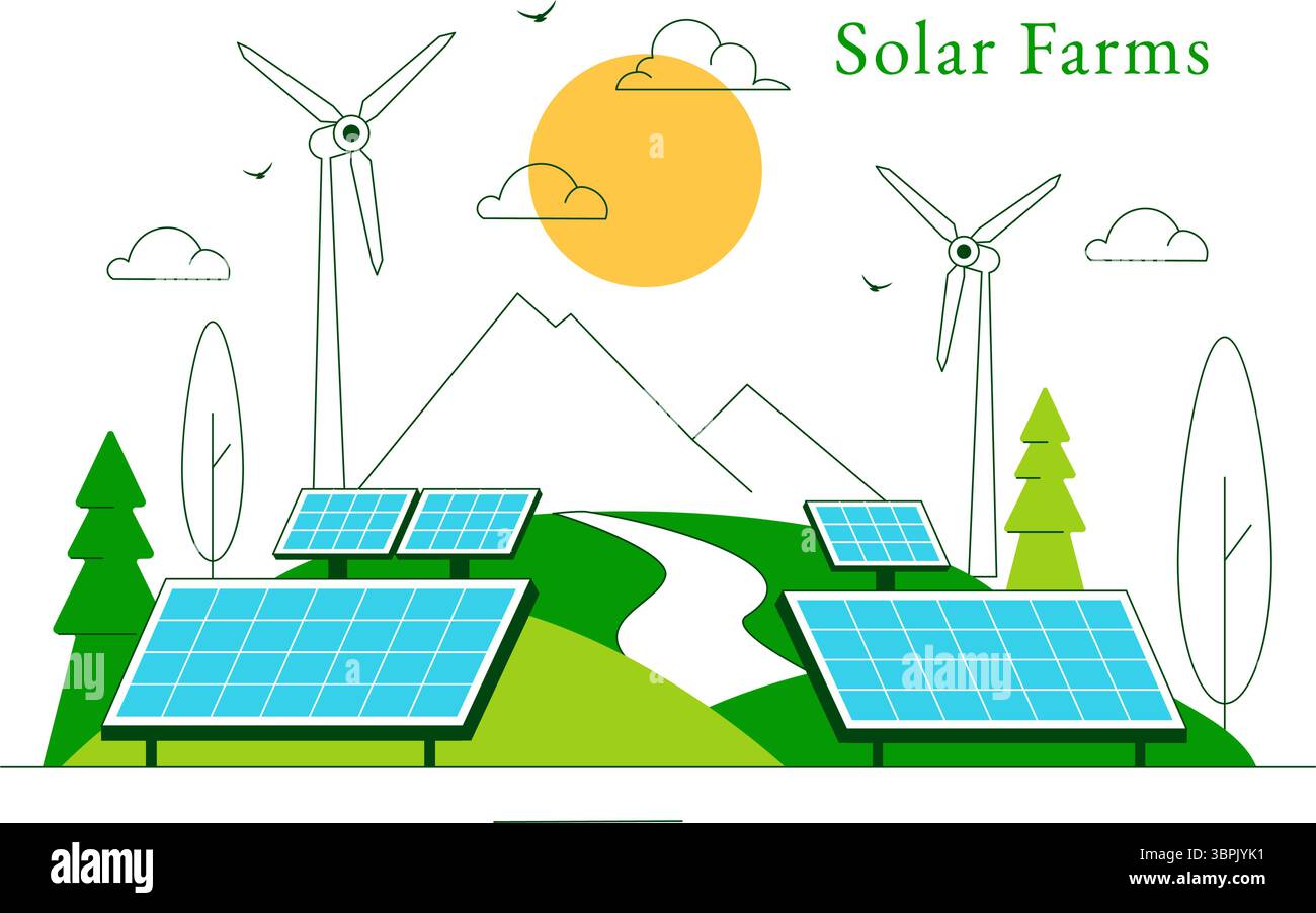 Illustrazione vettoriale di Solar Farms con sistemi di immagazzinamento dell'energia con turbine eoliche, pannelli solari e energia alternativa verde in uno sfondo Illustrazione Vettoriale Illustrazione vettoriale di Solar Farms con sistemi di immagazzinamento dell'energia con turbine eoliche, pannelli solari e energia alternativa verde in uno sfondo Illustrazione Vettoriale