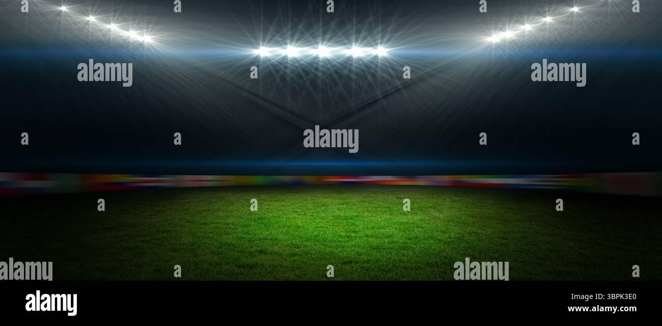 Il campo da prato vuoto si illumina sotto i riflettori notturni con un design piatto e mette in risalto i pannelli pubblicitari Foto Stock