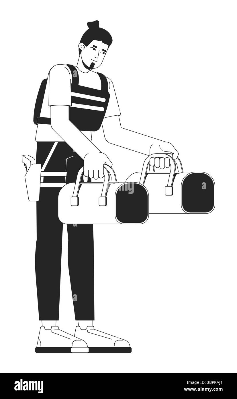 Guardia bancaria che trasporta sacchetti per contanti personaggio linea 2D. Illustrazione Vettoriale