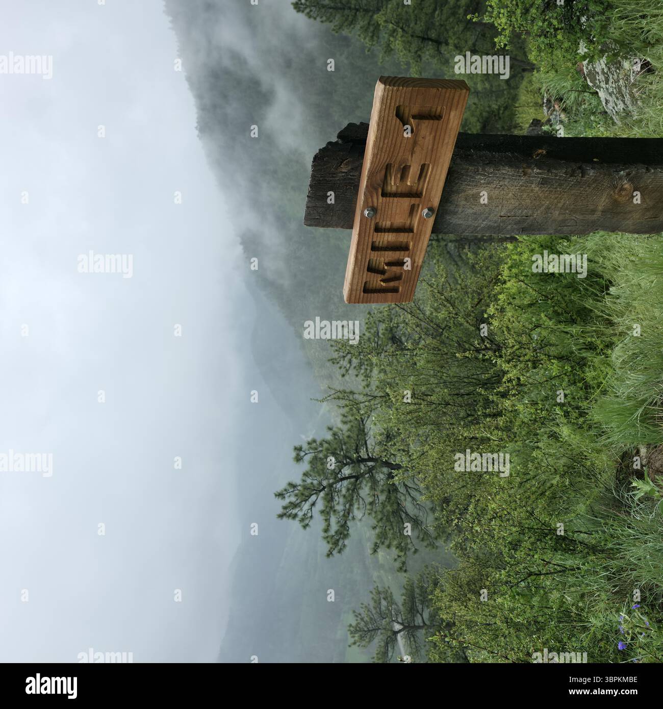 Vista di un cartello in legno "MILE 1" appollaiato in cima a un palo intempestivo tra vegetazione verdeggiante e montagne nebbiose, una scena tranquilla, Loveland, Colorado, United Foto Stock