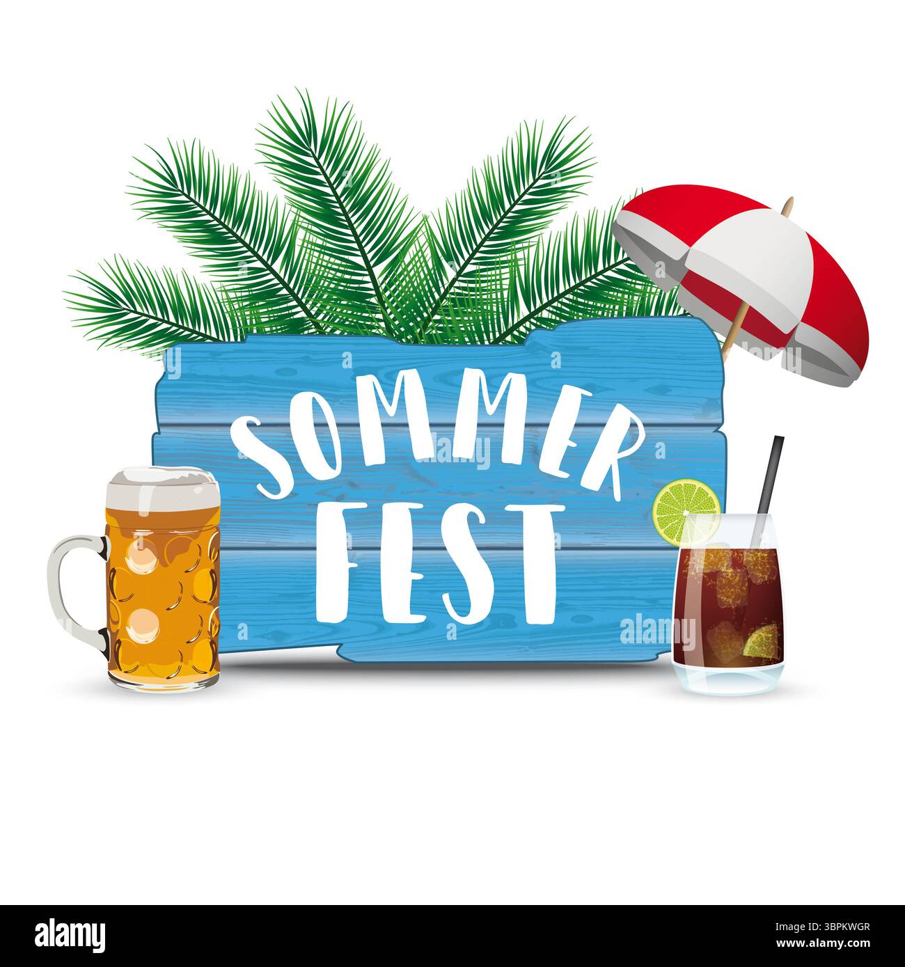 Sommerfest Beaar cocktail Blue Wood White Cover Germant text Sommerfest, Translate Summer Fair. Foto Stock