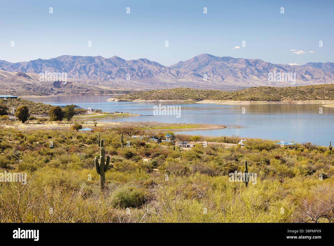 Vista dall'autostrada 188 sul lago Theodore Roosevelt, USA, Arizona, Cave Creek Foto Stock