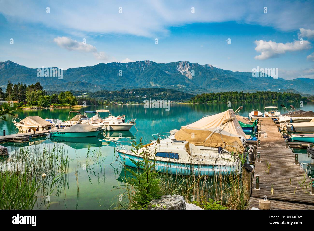 Barche a vela presso il porticciolo, il lago Faak (Faaker SEE), la catena montuosa Karawanks, le Alpi calcaree meridionali, la Carinzia, l'Austria Foto Stock