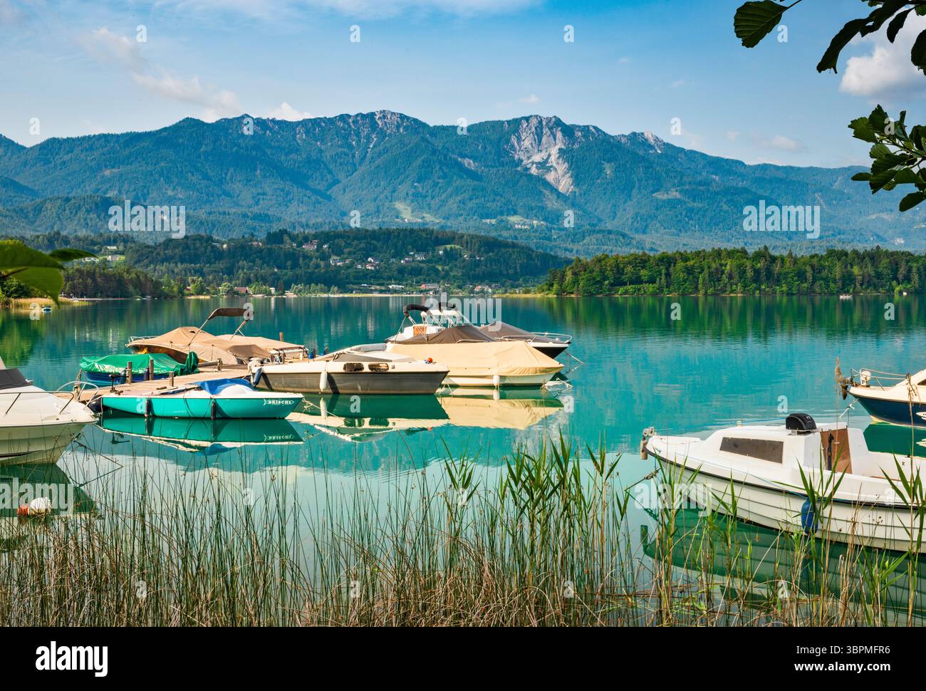 Barche a vela presso il porticciolo, il lago Faak (Faaker SEE), la catena montuosa Karawanks, le Alpi calcaree meridionali, la Carinzia, l'Austria Foto Stock