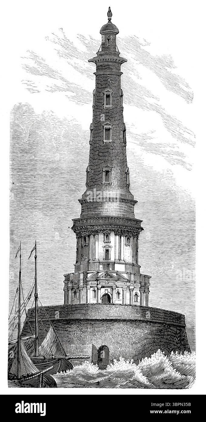 Faro di Cordouan, Phare de Cordouan, presso l'estuario della Gironda al largo della costa atlantica francese intorno al 1880. È in funzione dal 1611, il che lo rende il faro più antico della Francia. Riproduzione storica e digitalmente migliorata di un modello del XIX secolo. Foto Stock