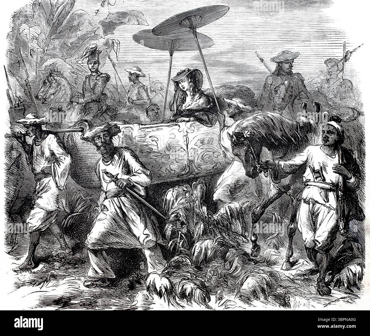 Wilhelmina Mac-Slane in una sedia berlina, con il suo entourage, intorno al 1875, ha migliorato digitalmente la riproduzione da una data originale, storica, esatta del XIX secolo sconosciuta Foto Stock