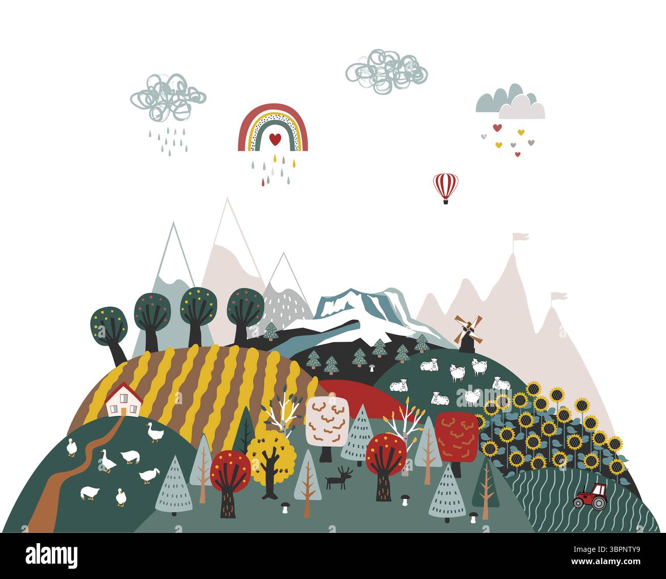 Graziose colline sullo sfondo con montagne scandinave disegnate a mano e paesaggi di campi. Texture creativa per bambini. Moderno vettore in stile cartoni animati Illustrazione Vettoriale