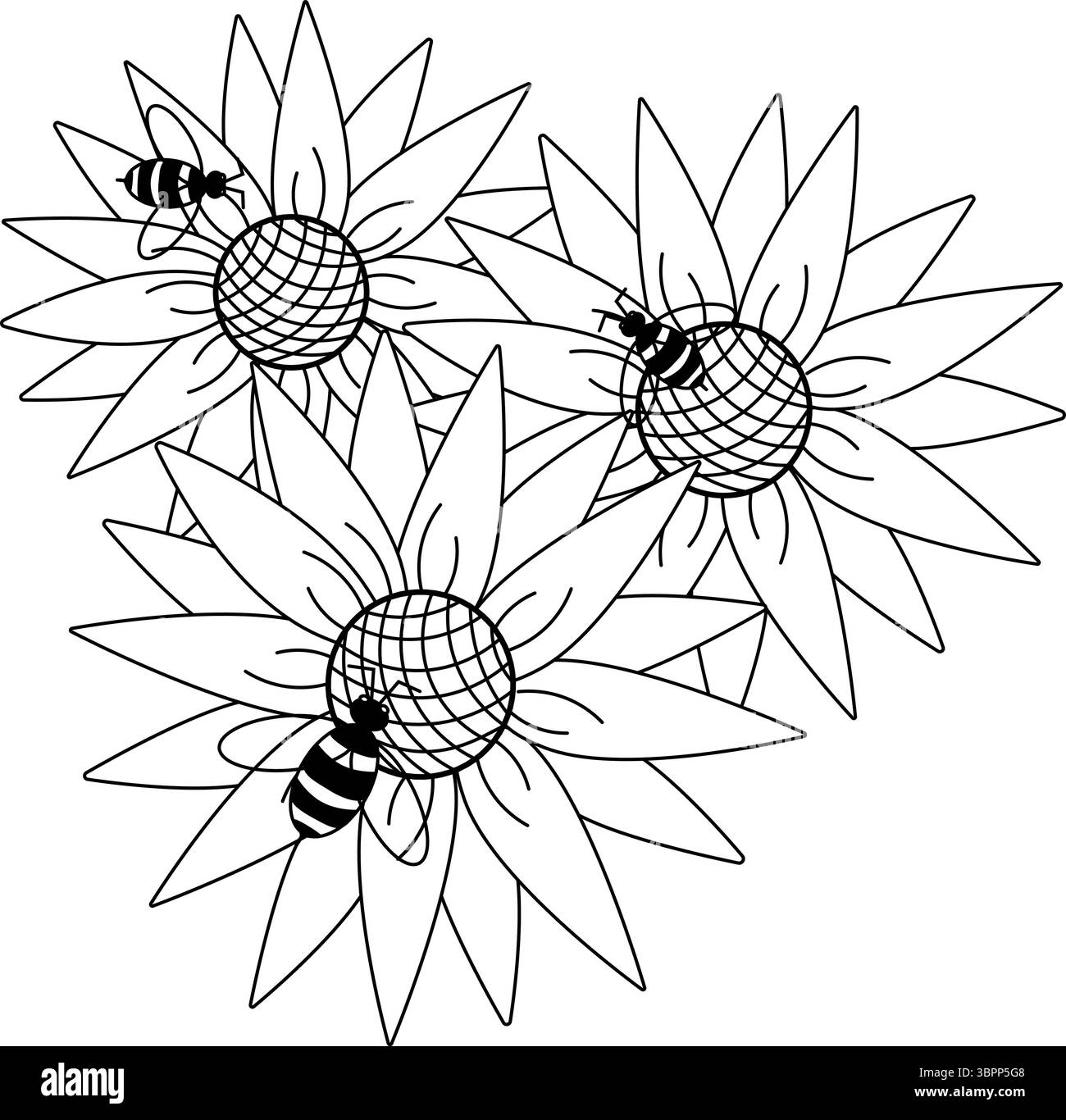 Girasoli e composizione di api volanti. Illustrazione della linea grafica vettoriale. sfondo per striscioni, stampa per tessuti, etichette, stampa di t-shirt. Colorazione Illustrazione Vettoriale