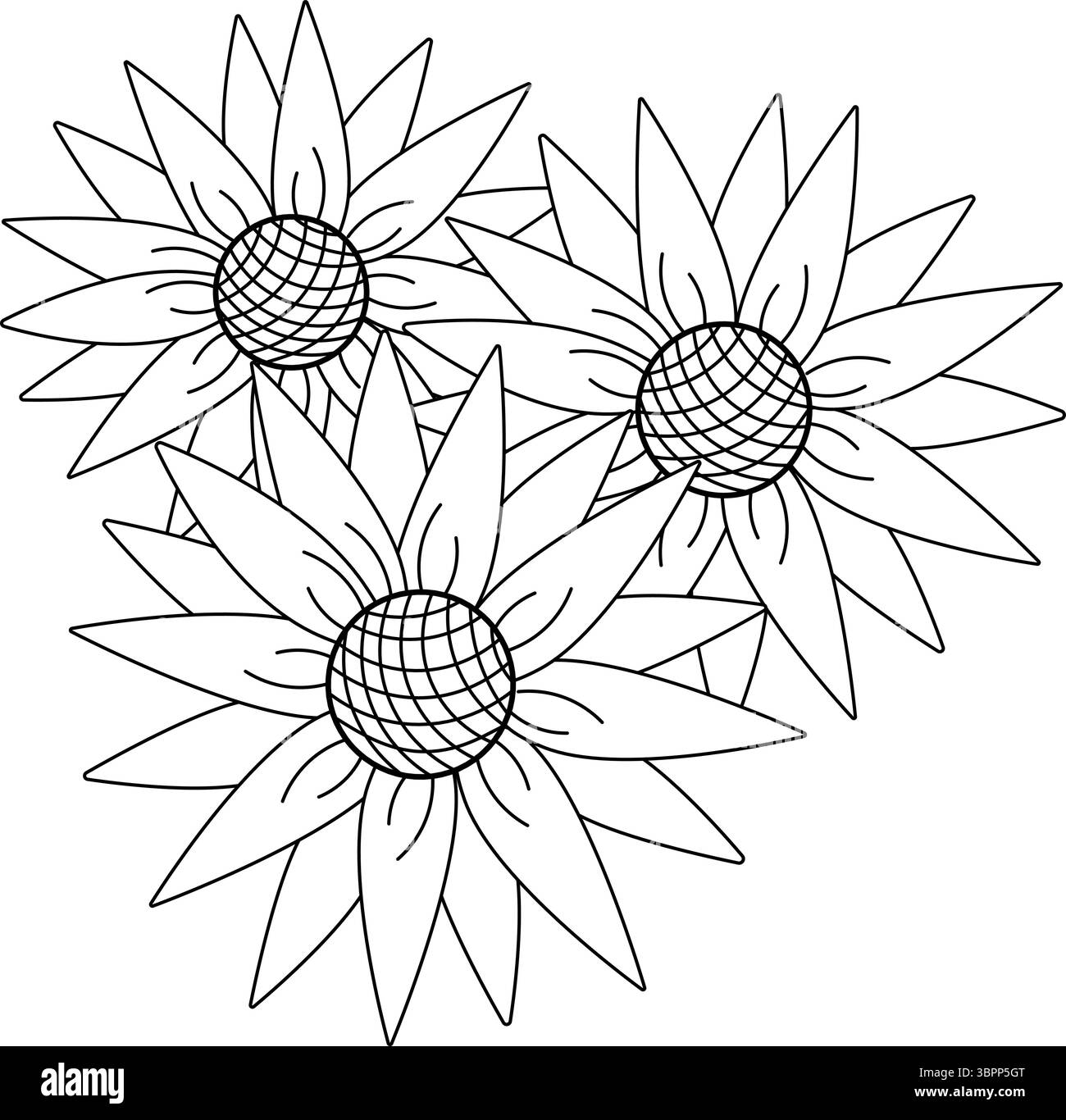 Composizione del bouquet di girasole. Illustrazione della linea grafica vettoriale. Firma silhouette per logo, stampa, fumetti, moda, pop art, tavole, design, adesivi, Illustrazione Vettoriale