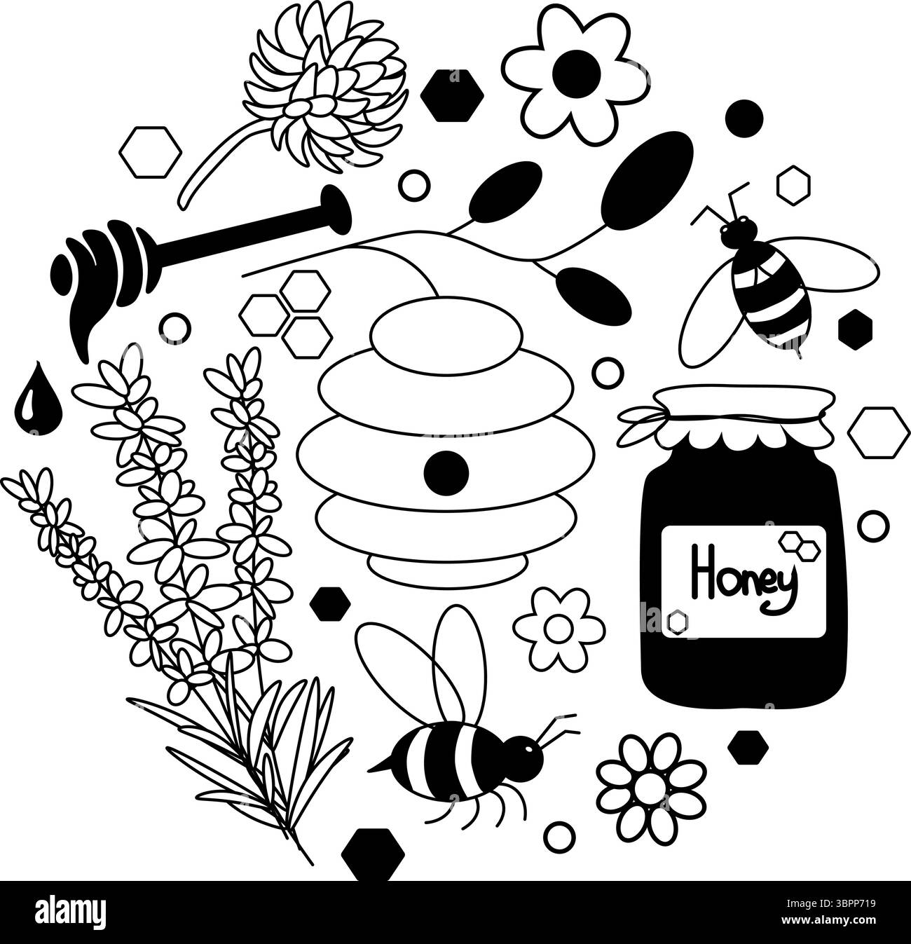 Api mellifere Design rotondo con composizione in bianco e nero. Illustrazione della linea grafica vettoriale. Firma silhouette per logo, stampa, fumetti, moda, pop art, Illustrazione Vettoriale