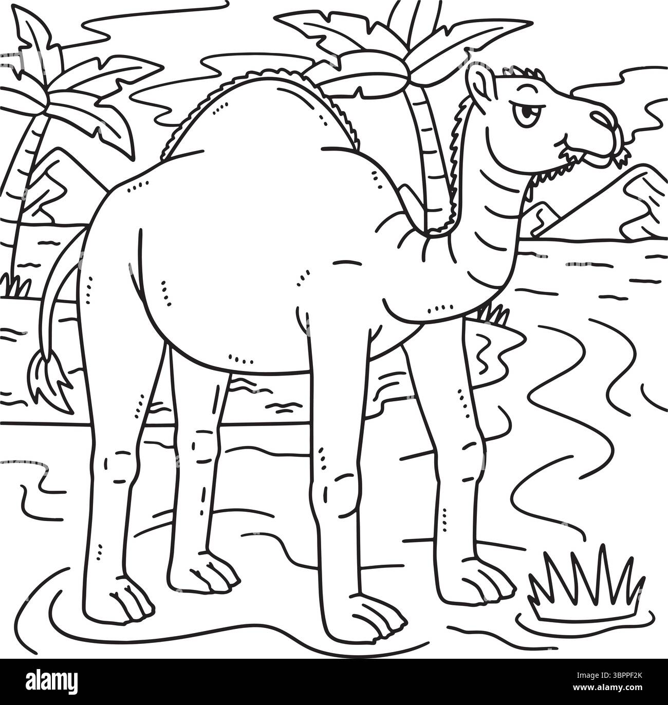 Deserto Dromedary Camel Coloring Page per bambini Illustrazione Vettoriale