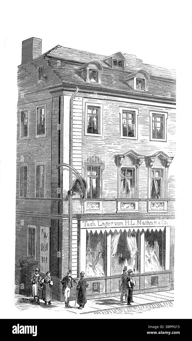 House with the Rib, un edificio storico di Berlino situato all'angolo tra Molkenmarkt e Bollengasse. La casa ha ricevuto il suo soprannome perché un grosso osso, più specificamente una lama di spalla e una costola, che si dice provenga da un gigante, è attaccato alla sua facciata. Germania, storica, riproduzione di un originale raffigurante una scena del XIX secolo Foto Stock