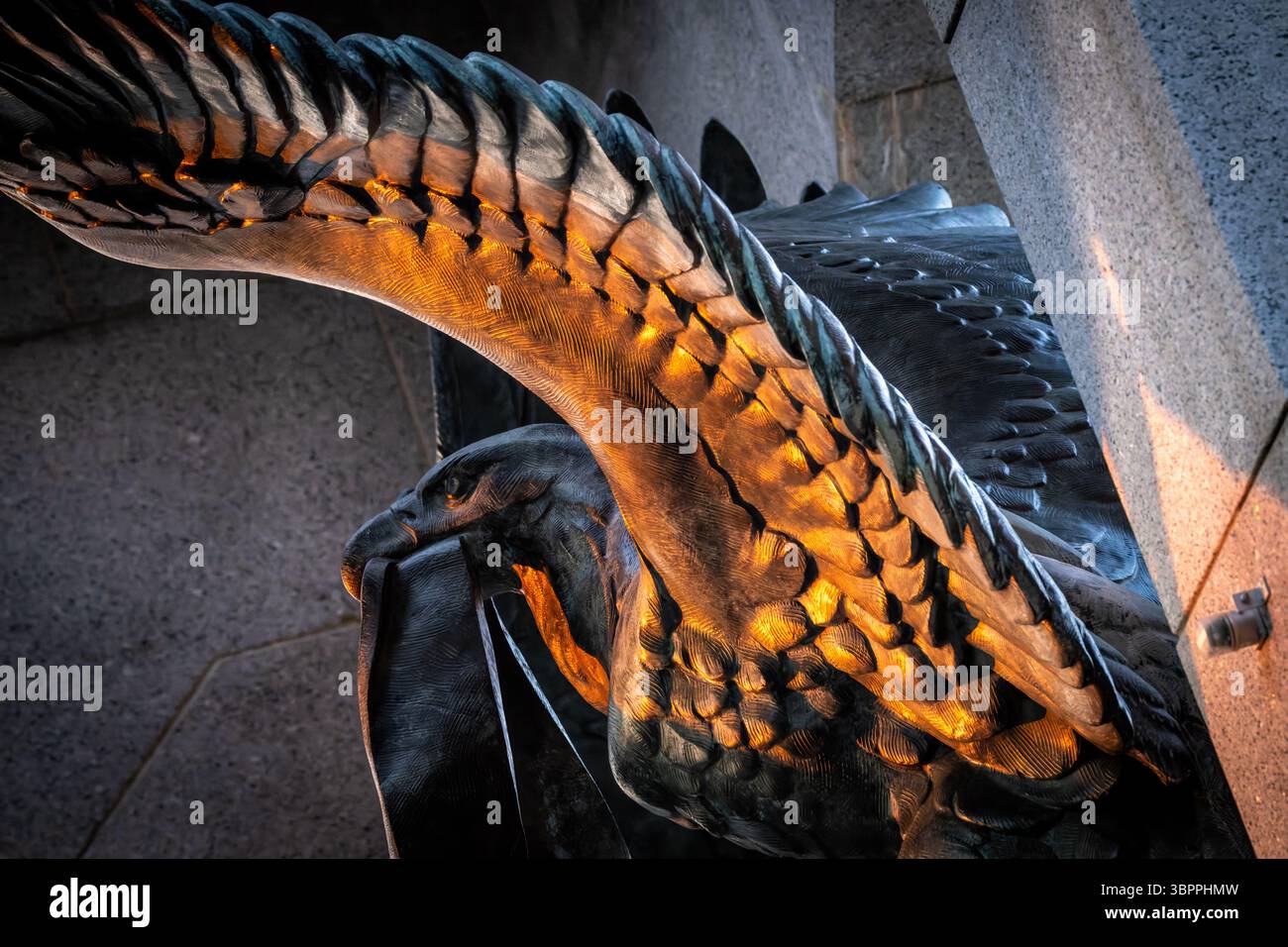 WASHINGTON DC, una delle grandi aquile scolpite del National World War II Memorial, mostra gli elementi artistici distintivi che segnano questo sito commemorativo sul National Mall. Il memoriale, dedicato nel 2004, onora i 16 milioni di americani che hanno prestato servizio nelle forze armate durante la seconda guerra mondiale e gli oltre 400.000 morti nel conflitto. Le aquile di bronzo sono tra le caratteristiche scultoree che adornano il monumento, progettato dall'architetto Friedrich St. Florian. Il monumento si trova tra il Lincoln Memorial e il Washington Monument sul National Mall. Il sito se Foto Stock