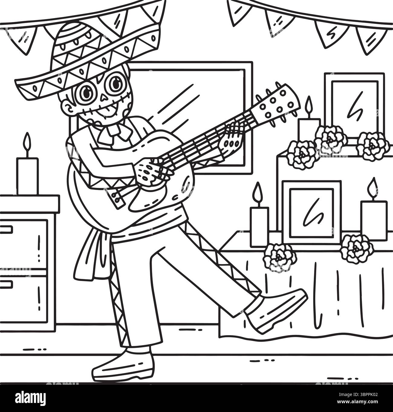 Dia de los Muertos Skeleton Boy che suona la chitarra Illustrazione Vettoriale
