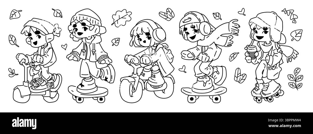 Cinque allegri bambini che cavalcano scooter, biciclette e pattini in comodi abiti autunnali. Disegno in bianco e nero per pagine da colorare e attività per bambini. Illustrazione Vettoriale