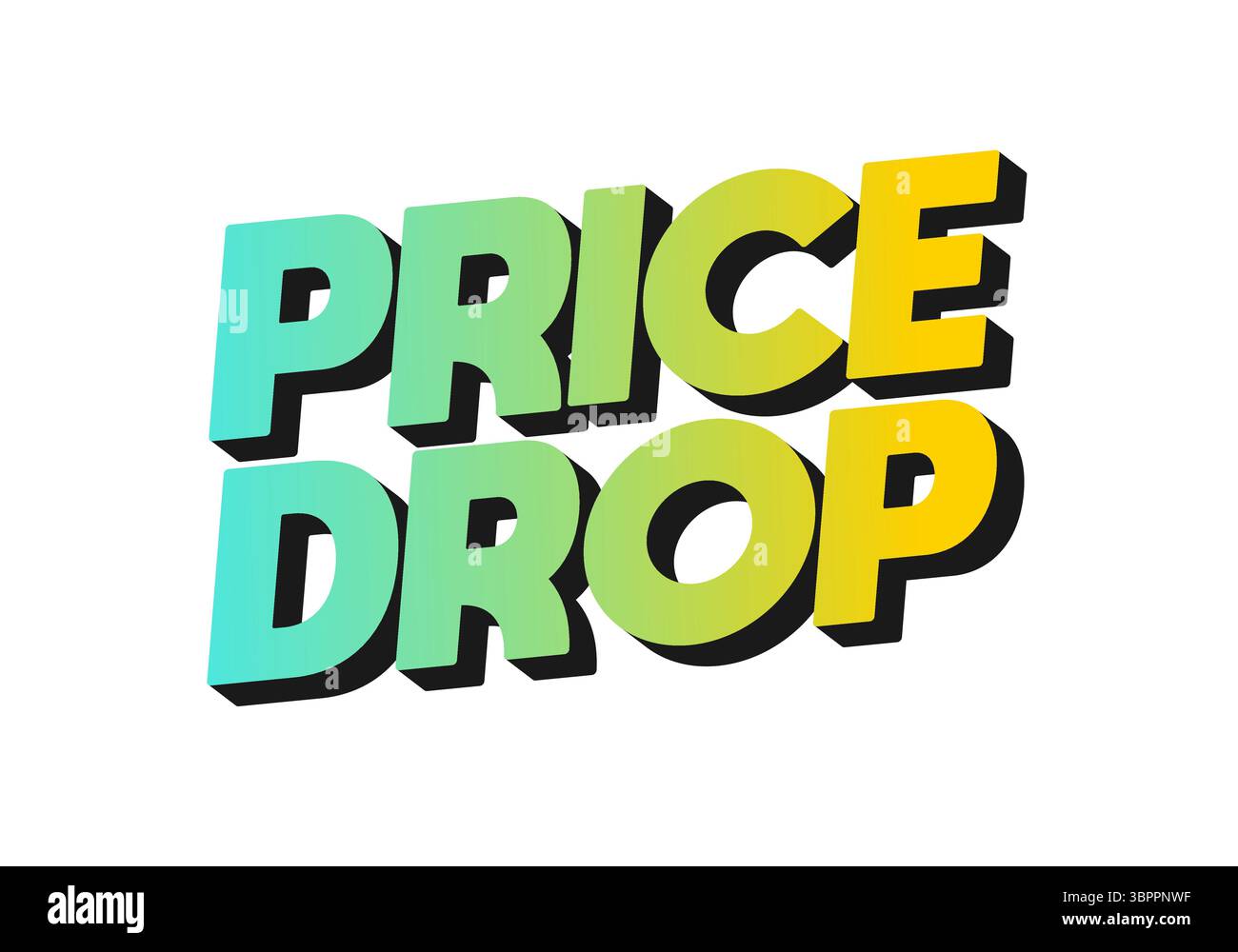 Un design grafico audace e colorato con le parole CALO DI PREZZO in uno stile giocoso e tridimensionale. Il testo è un gradiente da turchese a giallo Illustrazione Vettoriale