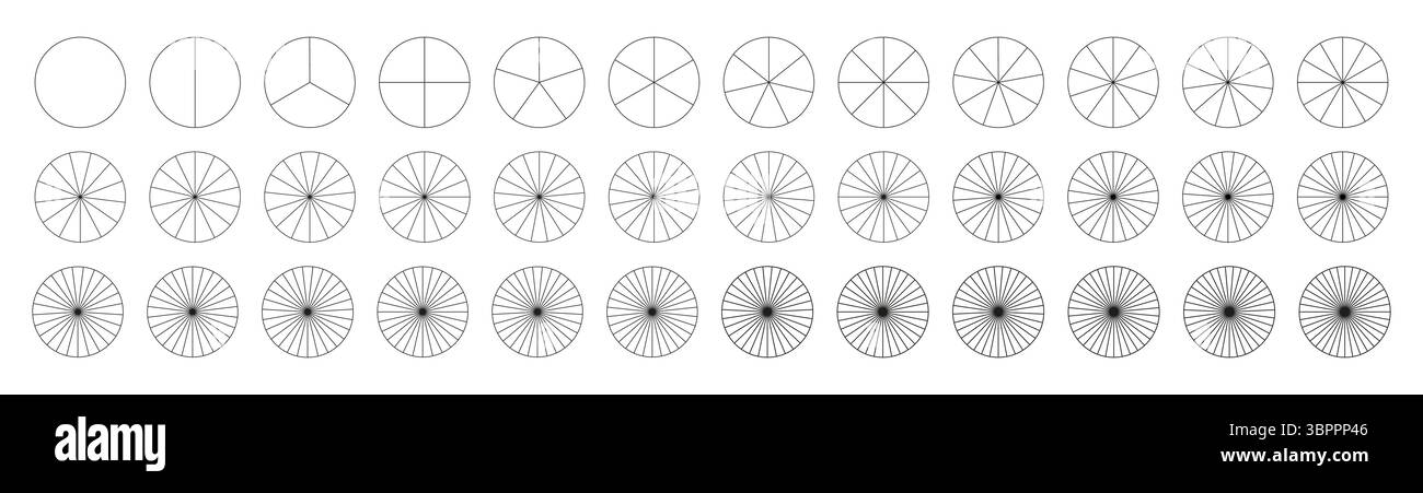 Raccolta di grafici infografici segmentati. Molti settori dividono il cerchio su parti uguali. Una serie di grafici di torta e pizza. Modello di presentazione Illustrazione Vettoriale