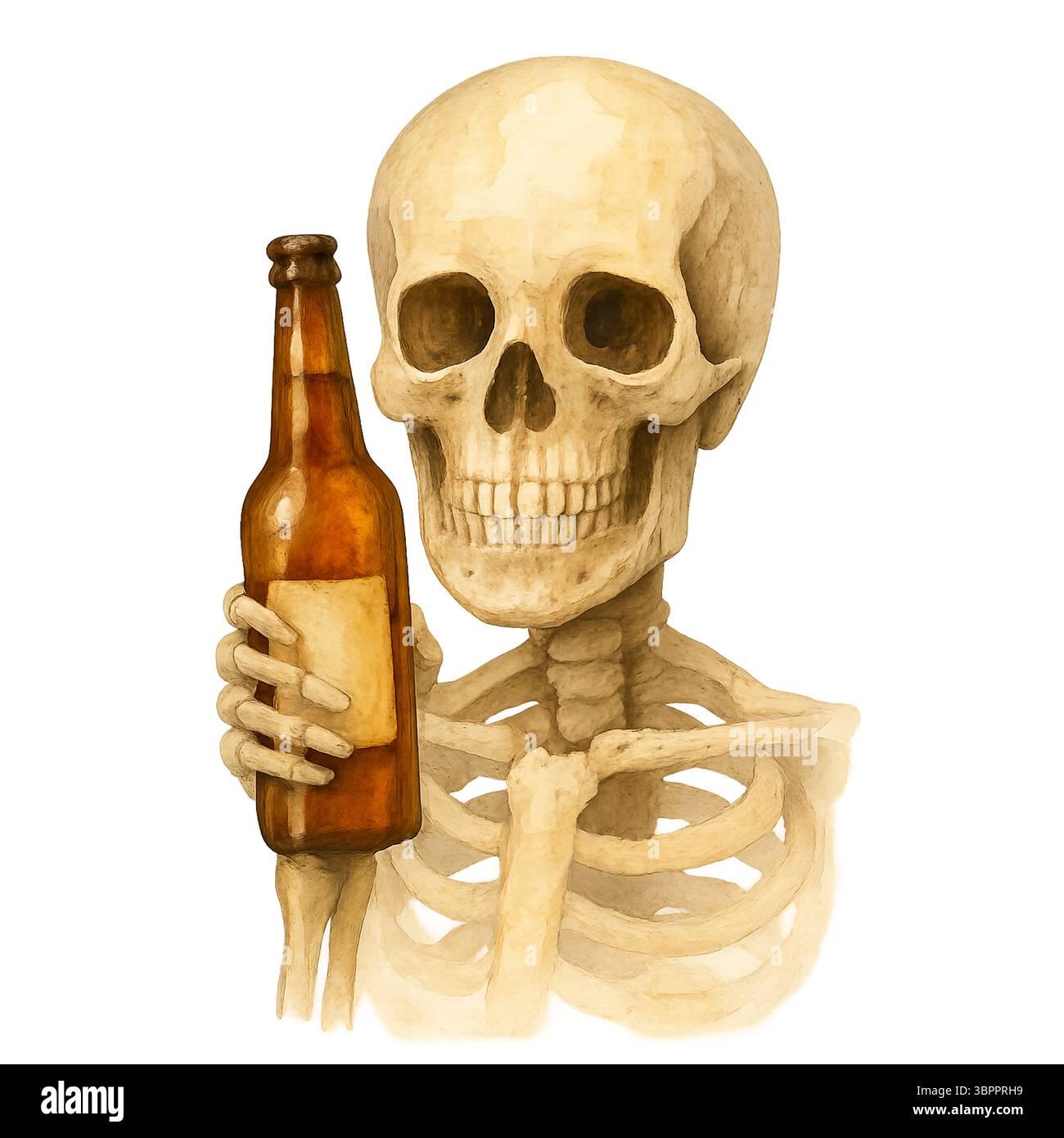 Scheletro con bottiglia di birra – illustrazione spettrale del bere di Halloween Foto Stock